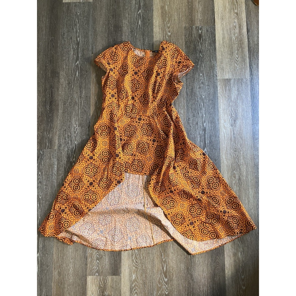 Ashro Orange and brown midi dress with a flowy, asymmetrical design